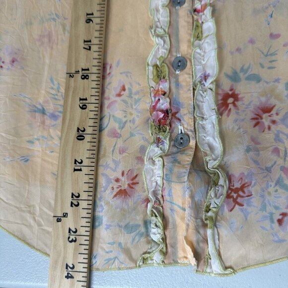 J Jill Ruffle Sheer Blouse Button Front Size S Floral Yellow Orange Cottagecore - Picture 10 of 14